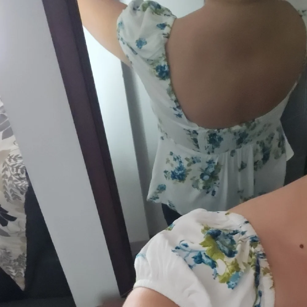 Free People White Floral Button Front Blouse with Blue and Green Print